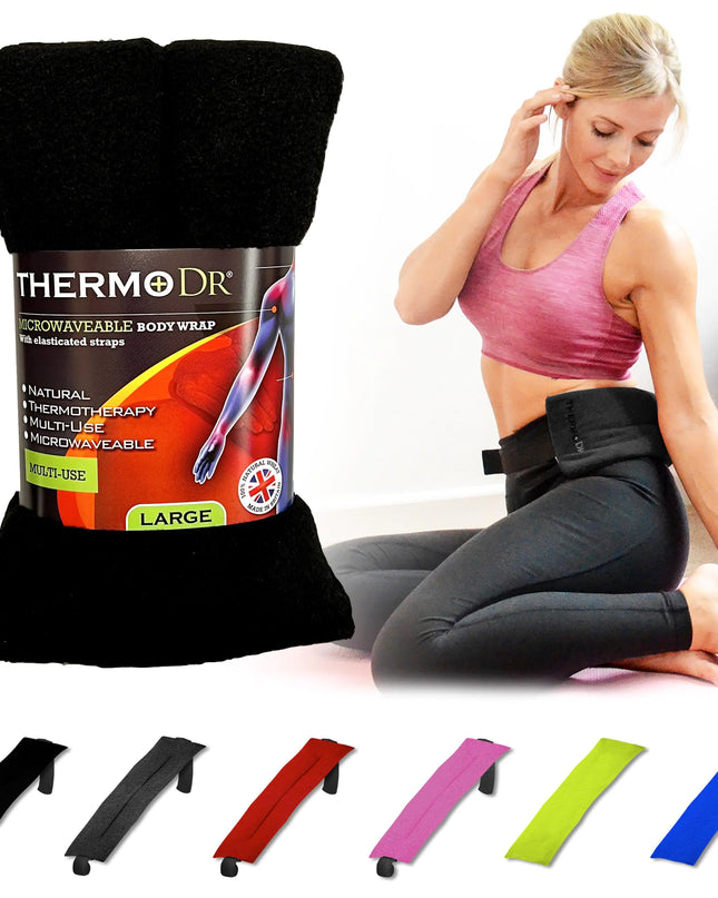 ThermoDR Wheat Bags Microwavable Heat Pack - Body Wrap Microwave Unscented Heat Pad with UK Cleaned Wheat for Body Discomfort Back Shoulder Stomach & Neck with Elasticated Straps - Black